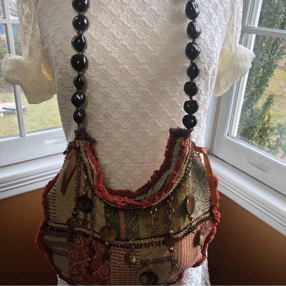 Handmade Boho hippy Fringe Bag with new & recycled fabric kukiu nuts,moon,stars - Picture 5 of 17